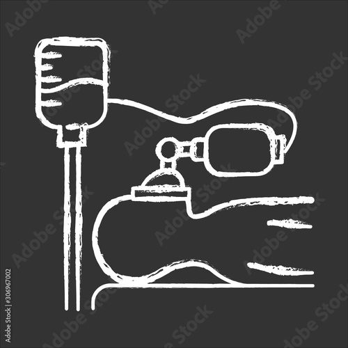 Anesthesia chalk icon. Medical procedure. Apnea stage. Liquid induction. Patient unconscious on bed. Dropper. Clinical help. Disease treatment, illness aid. Isolated vector chalkboard illustration