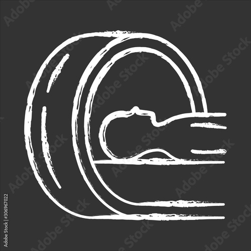 Tomography chalk icon. Brain scan. Cancer tumor risk check. Illness diagnosis. Disease examination. Medical procedure. Hospital equipment. Health evaluation. Isolated vector chalkboard illustration