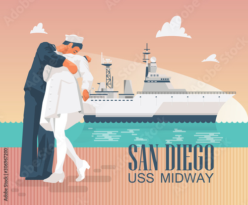 Uss Midway Poster with ship and kissing statues. Colorful design in modern flat style.