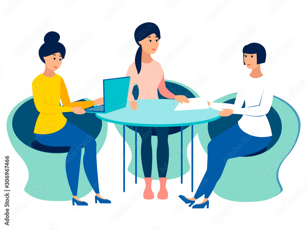 Meeting, office staff meeting. Work on one project, the conclusion of the contract. In minimalist style Cartoon flat raster Meeting, office staff meeting. Work on one project, the conclusion of the contract. In minimalist style Cartoon flat raster