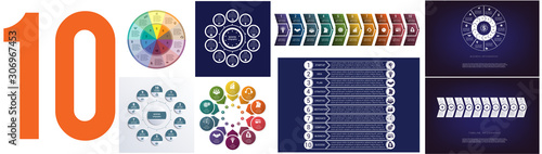 Set 8 universal templates for Infographics conceptual cyclic processes for 10 positions possible to use for workflow, banner, diagram, web design, timeline, area chart,number options