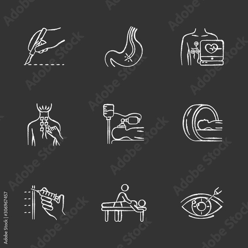 Medical procedure chalk icons set. Surgery. Endoscopy. Electrocardiogram. Physiotherapy. Anesthesia. Tomography for brain scan. Massage. Vision correction. Isolated vector chalkboard illustrations