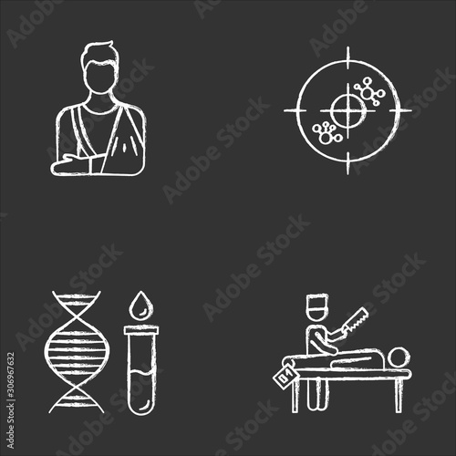 Medical procedure chalk icons set. Orthopedic cast. Fractured bone aid. Immunotherapy. Genetic test. DNA helix. Autopsy diagnosis. Death cause examination. Isolated vector chalkboard illustrations