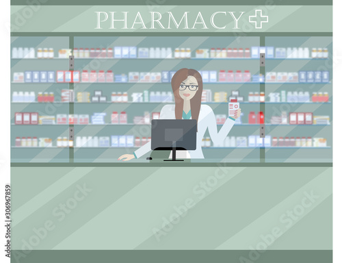 Pharmacist showing some medicine. Pharmaciy. Young woman at the workplace in a pharmacy: standing in front of shelves with medicines. Vector illustration