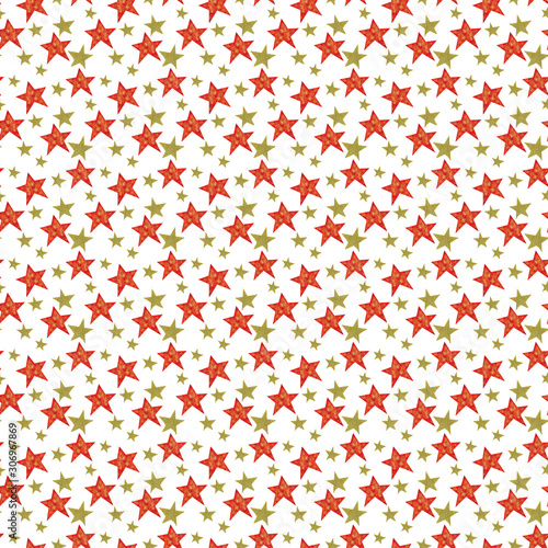 Seamless pattern of hand-drawn golden and red stars. Watercolor and metallic Christmas background. Perfect for decoration, paper, posters, cards, textile