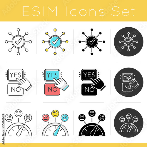 Survey icons set. Correct answer. Yes and no buttons. Hand clicking option. Right checkmark. Satisfaction level. Flat design, linear, black and color styles. Isolated vector illustrations photo