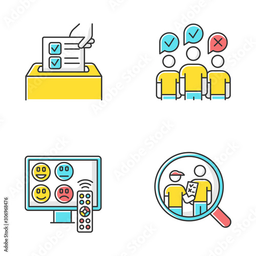 Survey methods color icons set. Anonymous poll, TV channel rating. Focus group. Interview. Public opinion. Customer review. Feedback. Data collection. Sociology. Isolated vector illustrations