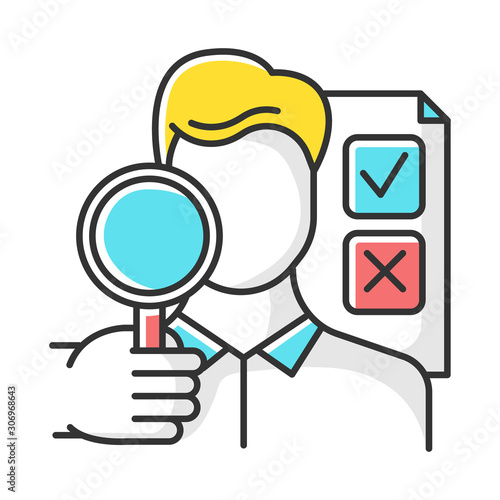 Survey interviewer color icon. Face-to-face interview. Human-assisted poll. Social research. Public opinion polling. Expert survey. Feedback. Evaluation. Sociology. Isolated vector illustration