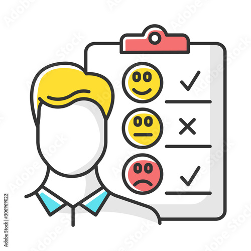 Personal interview color icon. Survey questionnaire form. Customer service rating, review. Feedback. Employee satisfaction. Emotional opinion. Data collection. Isolated vector illustration