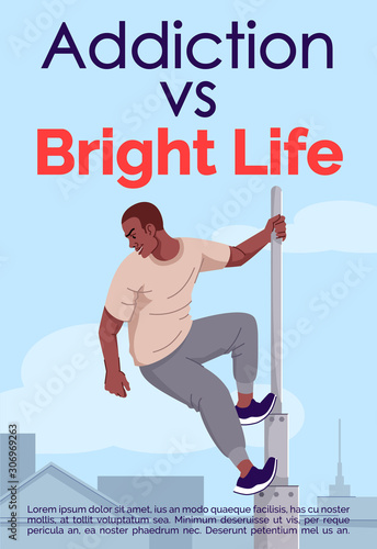 Addiction vs bright life brochure template. Adrenaline dependency risks. Flyer, booklet, leaflet concept with flat illustrations. Vector page cartoon layout for magazine with text space
