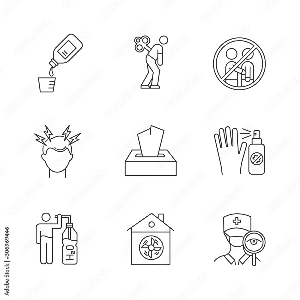 Common cold linear icons set. Fatigue. Avoid contact. Headache. Tissue ...