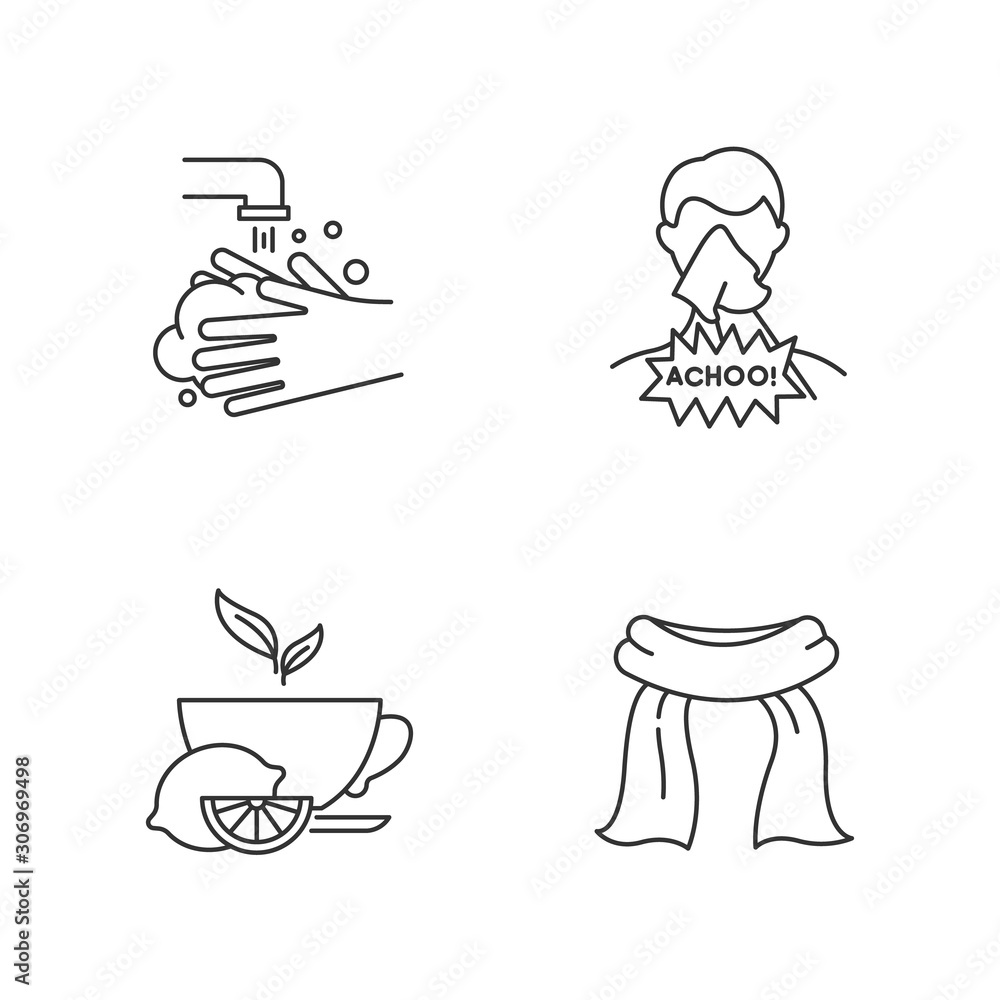 Common cold linear icons set. Rinse hands. Hygiene. Man cough. Lemon tea. Neck scarf. Healthcare. Antioxidant drink. Thin line contour symbols. Isolated vector outline illustrations. Editable stroke Common cold linear icons set. Rinse hands. Hygiene. Man cough. Lemon tea. Neck scarf. Healthcare. Antioxidant drink. Thin line contour symbols. Isolated vector outline illustrations. Editable stroke