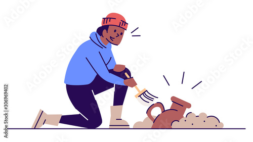 Archeologist with old clay pot flat vector illustration. Archeological excavations. Treasure hunter. Woman cleaning antique jug with brush cartoon character with outline on white background