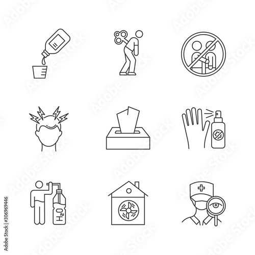 Common cold linear icons set. Fatigue. Avoid contact. Headache. Tissue, antiseptic. Water. Ventilation. Doctor visit. Thin line contour symbols. Isolated vector outline illustrations. Editable stroke