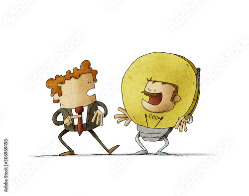 Two businessmen are talking while one of them is wearing a light bulb costume...