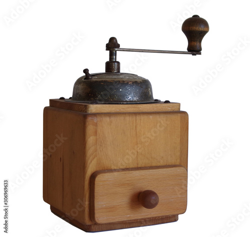 Wooden vintage coffee mill on white background