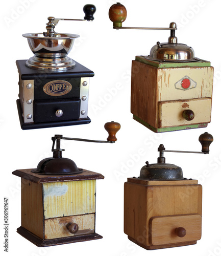 Isolated set - Vintage coffee mills on white background
