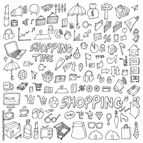 Set of Shopping Drawing illustration Hand drawn doodle Sketch line vector eps10
