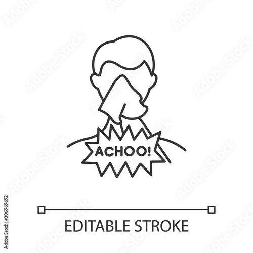 Cough linear icon. Sick man with tissue. Common cold. Flu infection. Person with allergy. Contagious disease. Thin line illustration. Contour symbol. Vector isolated outline drawing. Editable stroke