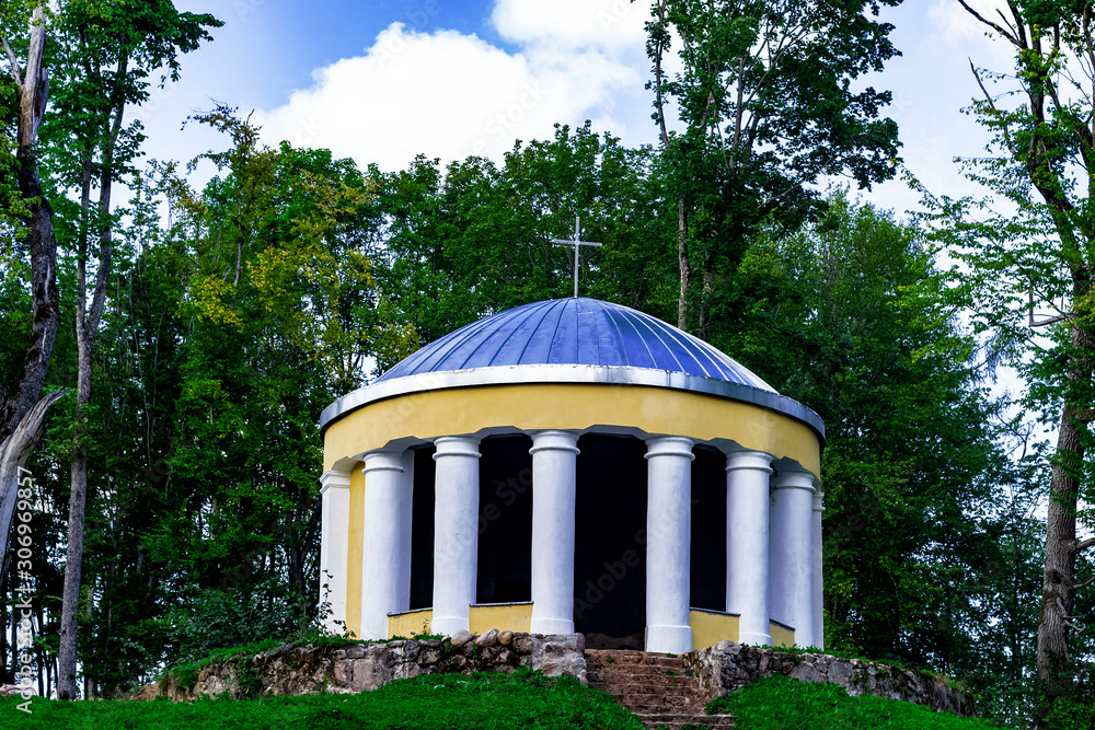 large chapel on a hill, view from the bottom, selective focus large chapel on a hill, view from the bottom, selective focus