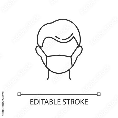 Disposable medical mask linear icon. Common cold. Contagious disease. Respiratory problem. Medical worker. Thin line illustration. Contour symbol. Vector isolated outline drawing. Editable stroke