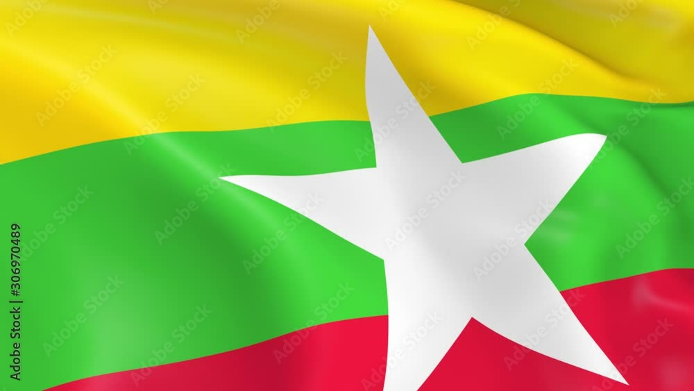 Photo realistic slow motion 4KHD flag of the Myanmar waving in the wind. Seamless loop animation with highly detailed fabric texture in 4K resolution. Photo realistic slow motion 4KHD flag of the Myanmar waving in the wind. Seamless loop animation with highly detailed fabric texture in 4K resolution.