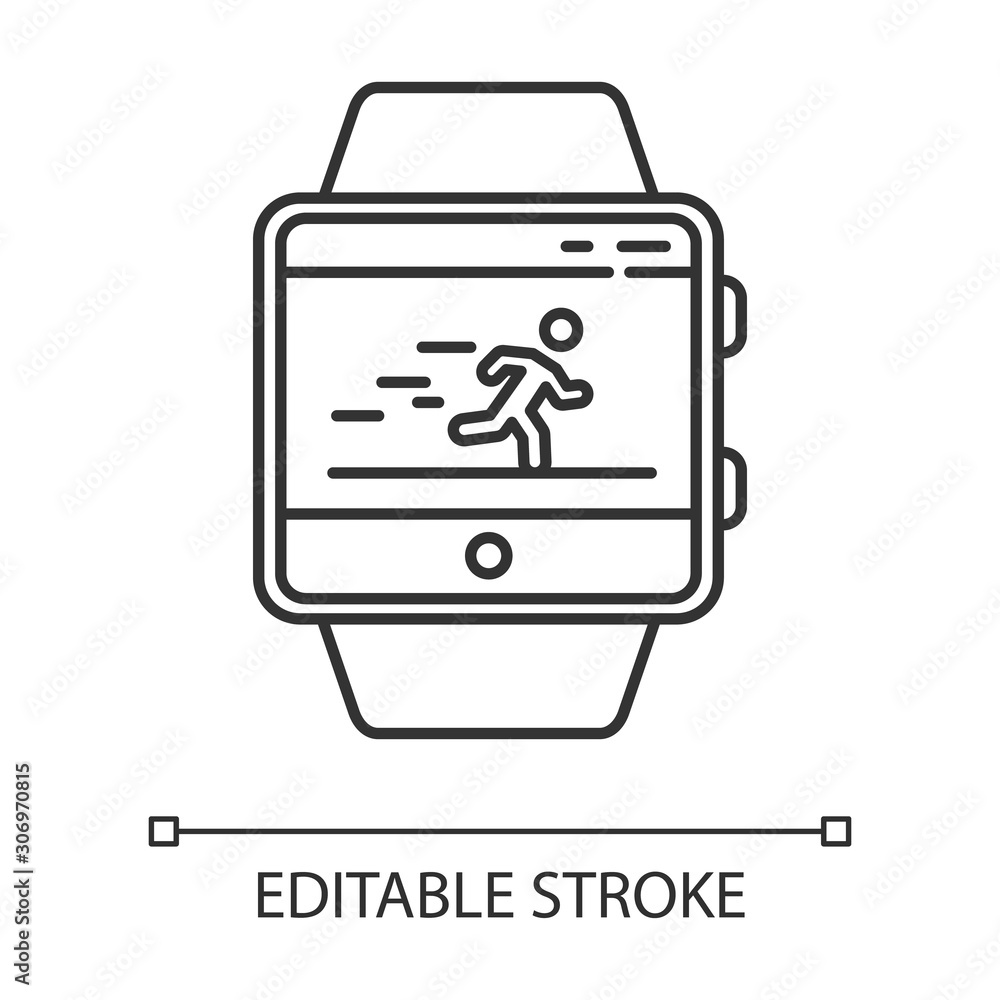 Fitness tracker running application linear icon. Thin line illustration. Healthcare and sport app. Speedometer and steps tracking. Contour symbol. Vector isolated outline drawing. Editable stroke