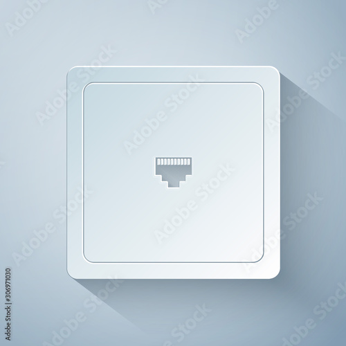 Paper cut Ethernet socket sign. Network port - cable socket icon isolated on grey background. LAN port icon. Local area connector icon. Paper art style. Vector Illustration