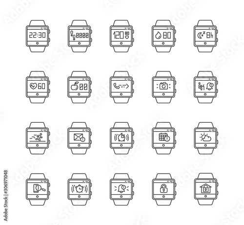 Fitness tracker functions linear icons set. Wristband smartwatch capabilities and wellness services and applications.Thin line contour symbols. Isolated vector outline illustrations. Editable stroke