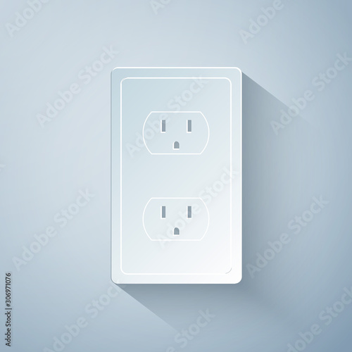 Paper cut Electrical outlet in the USA icon isolated on grey background. Power socket. Paper art style. Vector Illustration