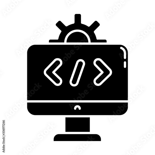 Software industry glyph icon. Information technology sector. Computer programming and deployment. Information technology. Silhouette symbol. Negative space. Vector isolated illustration