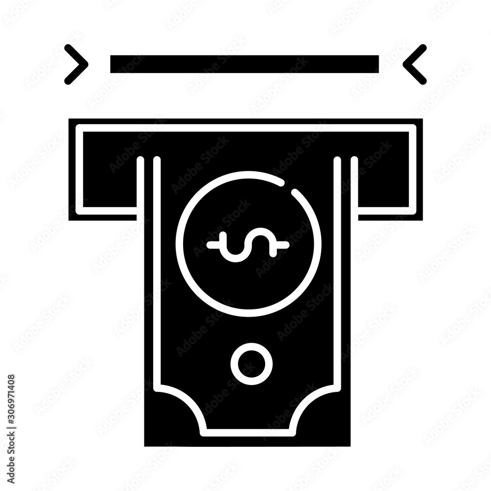 Financial services industry glyph icon. Banking. Cash withdrawal. Money management. Receiving dollar banknotes from ATM. Cash receiving. Silhouette symbol. Negative space. Vector isolated illustration Financial services industry glyph icon. Banking. Cash withdrawal. Money management. Receiving dollar banknotes from ATM. Cash receiving. Silhouette symbol. Negative space. Vector isolated illustration
