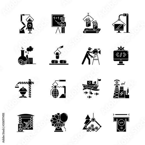 Industry types glyph icons set. Goods and services production. Technology development. Human activities. Businesses in various sectors of economy. Silhouette symbols. Vector isolated illustration