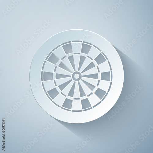 Paper cut Classic darts board with twenty black and white sectors icon isolated on grey background. Dart board sign. Dartboard sign. Game concept. Paper art style. Vector Illustration