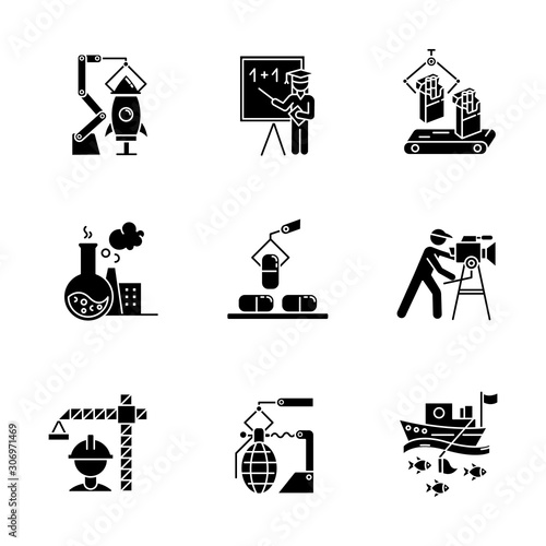Industry types glyph icons set. Aerospace, education, tobacco, chemical, pharmaceutical, filmmaking, construction, arms production, fishing sectors. Silhouette symbols. Vector isolated illustration