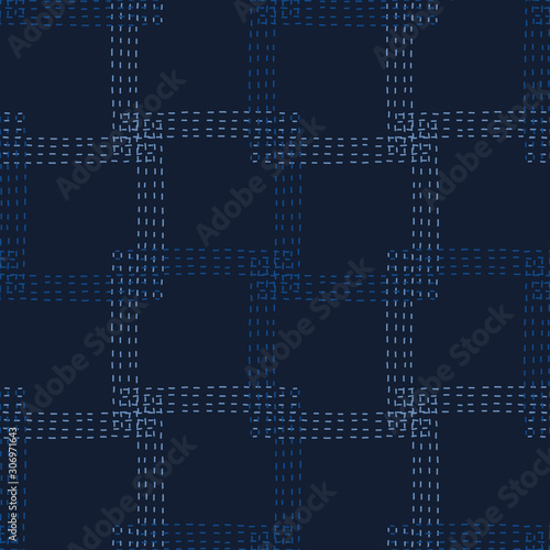 Embroidery Boro Patch Kantha Vector Pattern. Asian Needlework Seamless Background Indigo Blue Style. Sashiko Running Hand Stitch Texture Textile Print. Japan Decor. Masculine Quilting Tile EPS 10