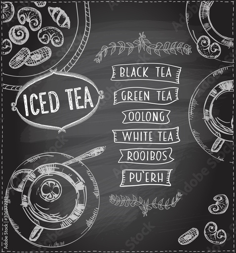 Chalk iced tea menu design concept on a chalkboad, art hand drawn illustration with tea cups and assorted pastry