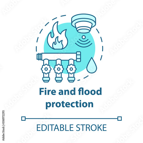 Fire and flood protection turquoise concept icon. Smart house idea thin line illustration. Innovative technology for apartment. Smoke detectors. Vector isolated outline drawing. Editable stroke