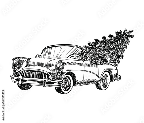 Retro car with Christmas tree in line art style. New Year.