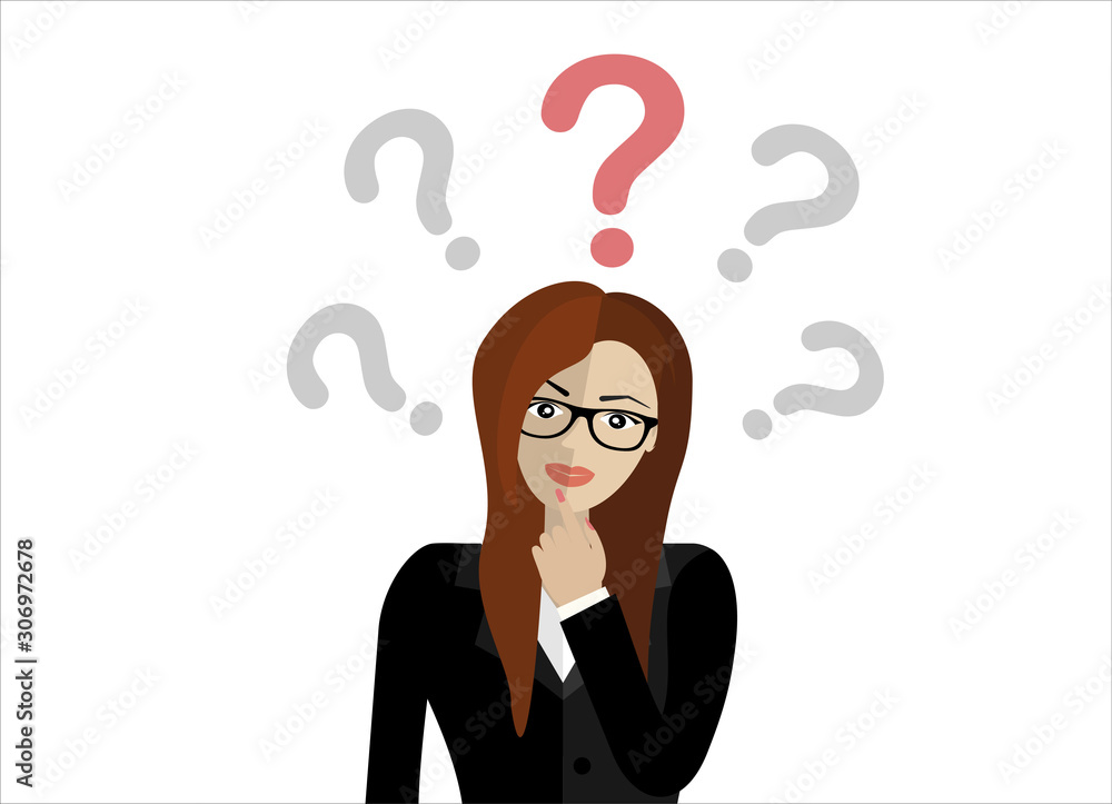 Thinking business woman standing under question marks. Young caucasian business woman thinking. Thinking business woman surrounded by question marks. Vector flat design illustration. Thinking business woman standing under question marks. Young caucasian business woman thinking. Thinking business woman surrounded by question marks. Vector flat design illustration.