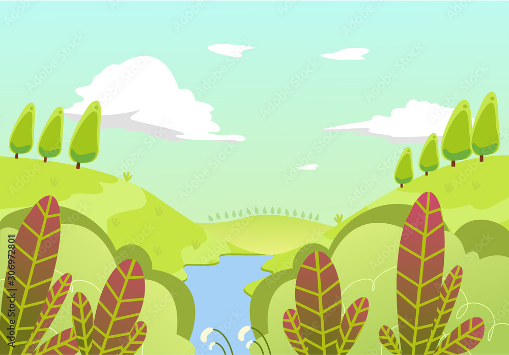 vector illustration of beautiful summer background landscape. tree. green hills. blue sky. river. in flat cartoon style