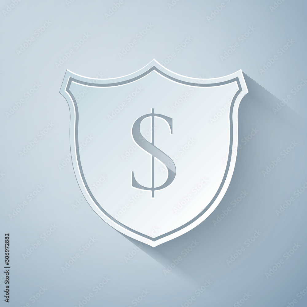 Paper cut Shield and dollar icon isolated on grey background. Security shield protection. Money security concept. Paper art style. Vector Illustration Paper cut Shield and dollar icon isolated on grey background. Security shield protection. Money security concept. Paper art style. Vector Illustration