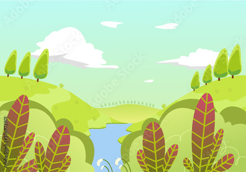 vector illustration of beautiful summer background landscape. tree. green hills. blue sky. river. in flat cartoon style