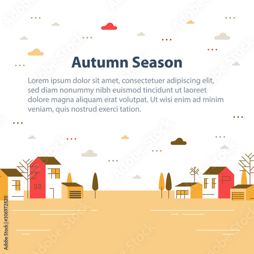 Autumn season in small town, tiny village view, row of residential houses, beautiful neighborhood