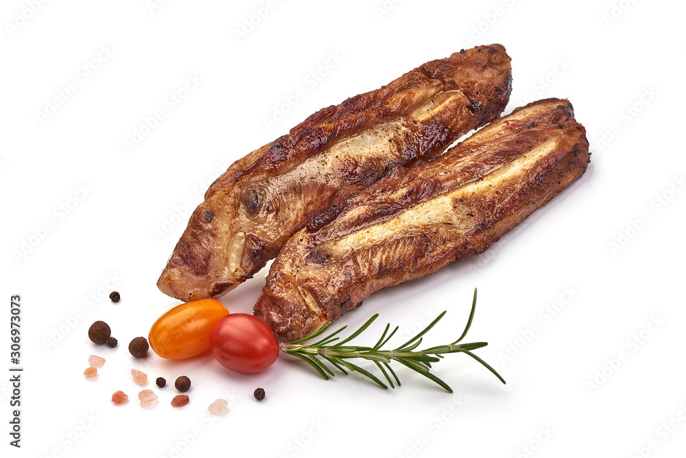 Roasted pork ribs, grilled meat, isolated on white background Roasted pork ribs, grilled meat, isolated on white background