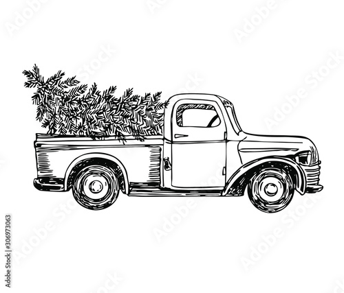 Pickup with Christmas tree in line art style. New Year.