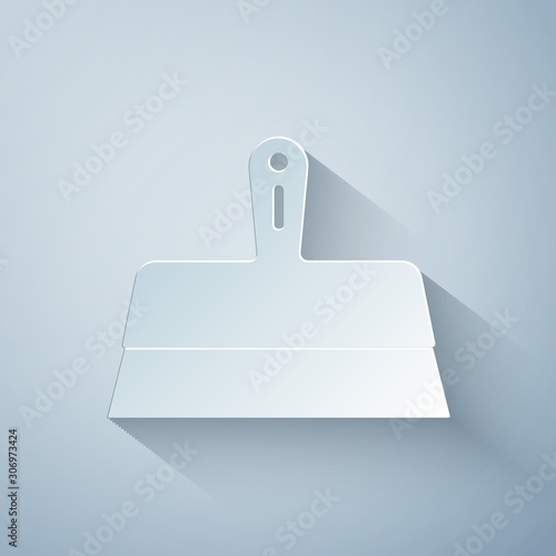 Paper cut Putty knife icon isolated on grey background. Spatula repair tool. Spackling or paint instruments. Paper art style. Vector Illustration