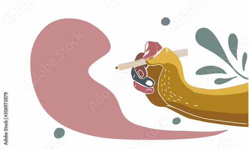 Colorful illustration of a hand writing in a copy space bubble. stock illustration