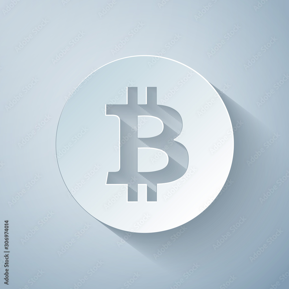 Paper cut Cryptocurrency coin Bitcoin icon on grey background. Bitcoin for internet money. Digital currency. Blockchain based secure crypto currency. Paper art style. Vector Illustration Paper cut Cryptocurrency coin Bitcoin icon on grey background. Bitcoin for internet money. Digital currency. Blockchain based secure crypto currency. Paper art style. Vector Illustration