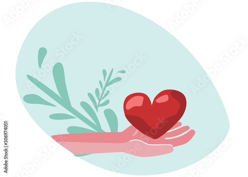 Hand with s hearth isolated. Blood donation importance. Flat vector illustration.
